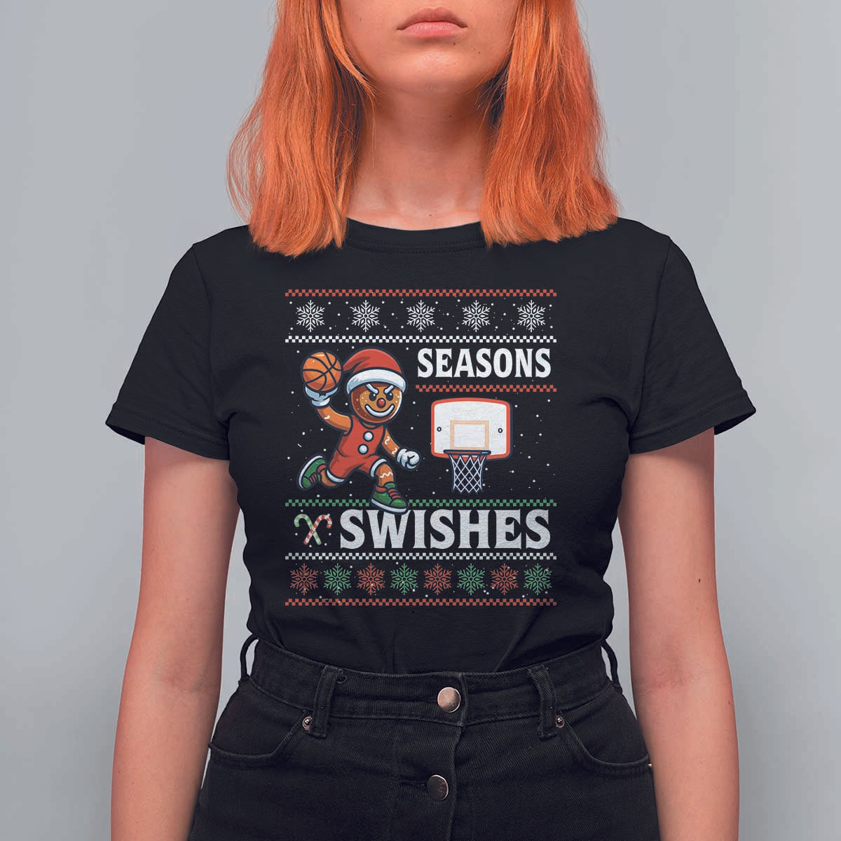 Seasons Swishes T Shirt For Women Funny Gingerbread Basketball Christmas Gift - Wonder Print Shop