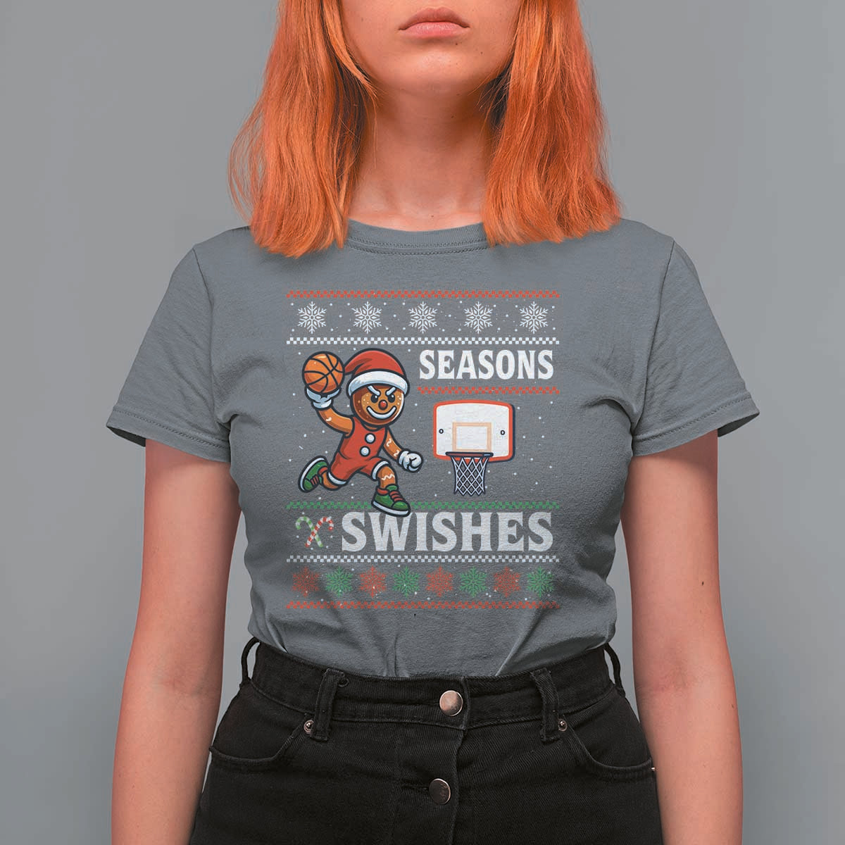 Seasons Swishes T Shirt For Women Funny Gingerbread Basketball Christmas Gift - Wonder Print Shop