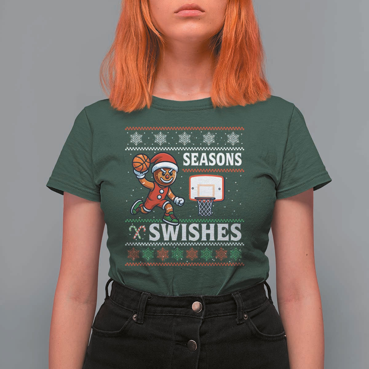 Seasons Swishes T Shirt For Women Funny Gingerbread Basketball Christmas Gift - Wonder Print Shop
