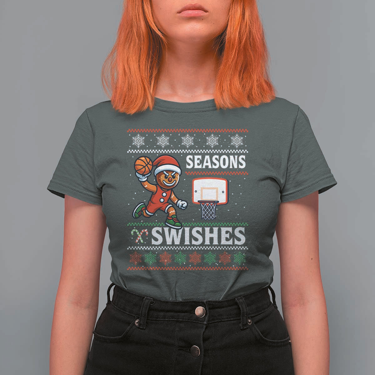 Seasons Swishes T Shirt For Women Funny Gingerbread Basketball Christmas Gift - Wonder Print Shop