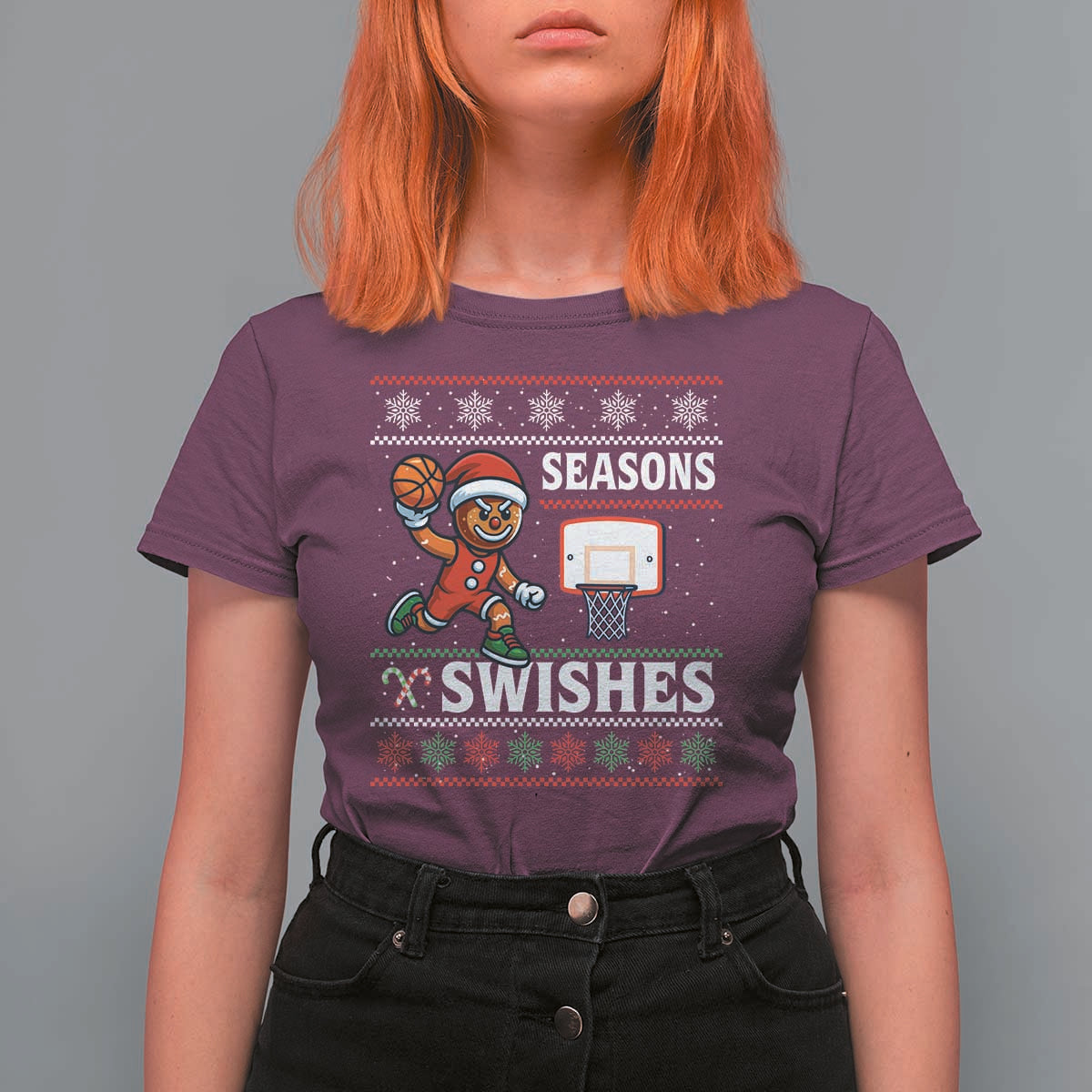 Seasons Swishes T Shirt For Women Funny Gingerbread Basketball Christmas Gift - Wonder Print Shop