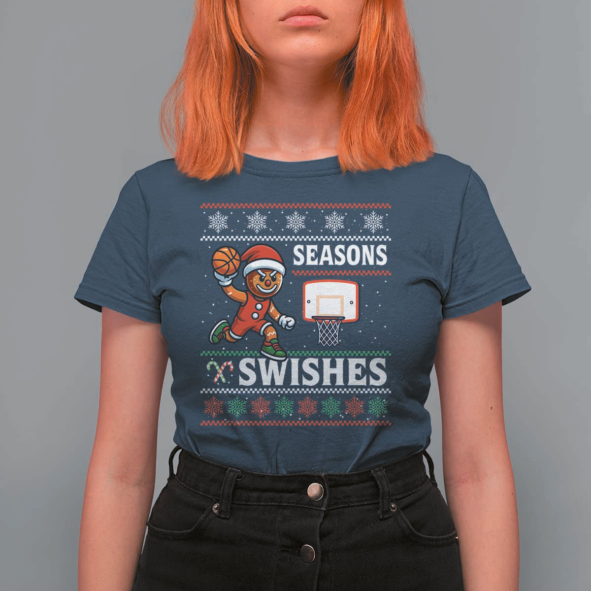 Seasons Swishes T Shirt For Women Funny Gingerbread Basketball Christmas Gift - Wonder Print Shop