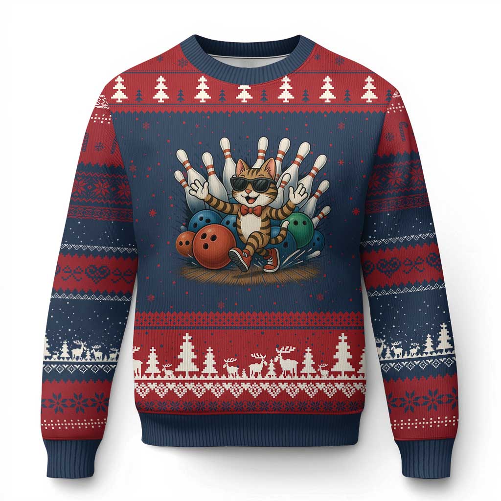 Funny Bowler Gift Ugly Christmas Sweater Bowling Cat With Sunglasses - Wonder Print Shop