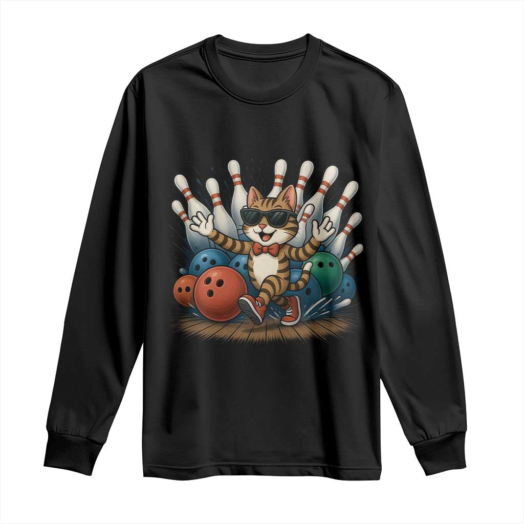 Funny Bowler Gift Long Sleeve Shirt Bowling Cat With Sunglasses - Wonder Print Shop