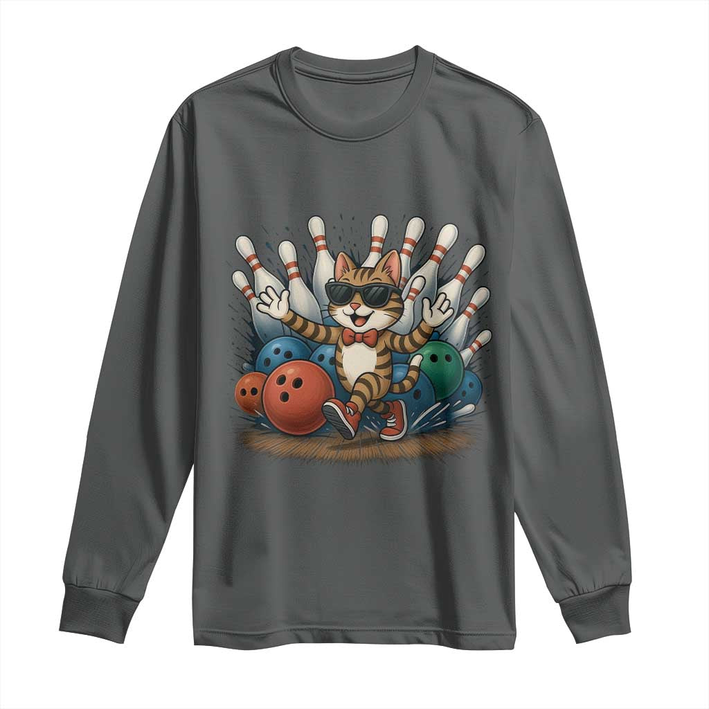 Funny Bowler Gift Long Sleeve Shirt Bowling Cat With Sunglasses - Wonder Print Shop