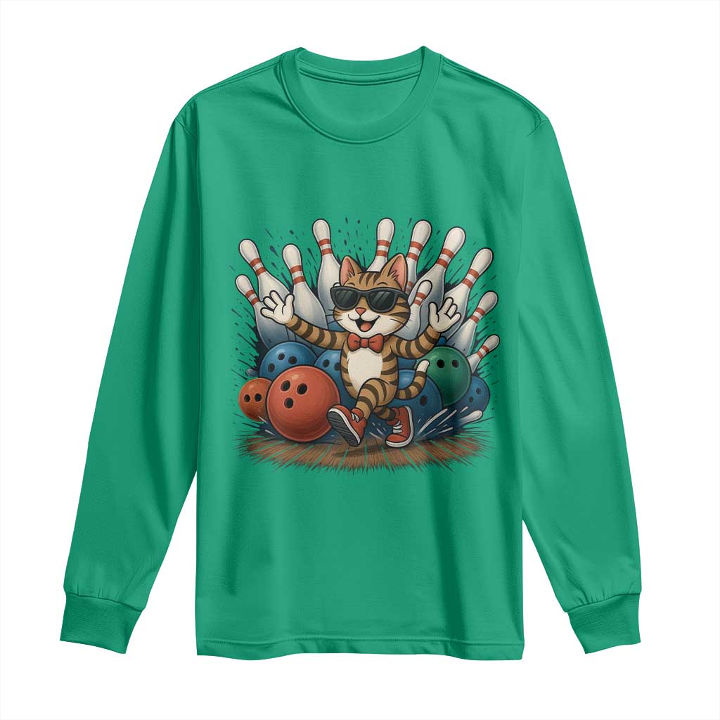 Funny Bowler Gift Long Sleeve Shirt Bowling Cat With Sunglasses - Wonder Print Shop