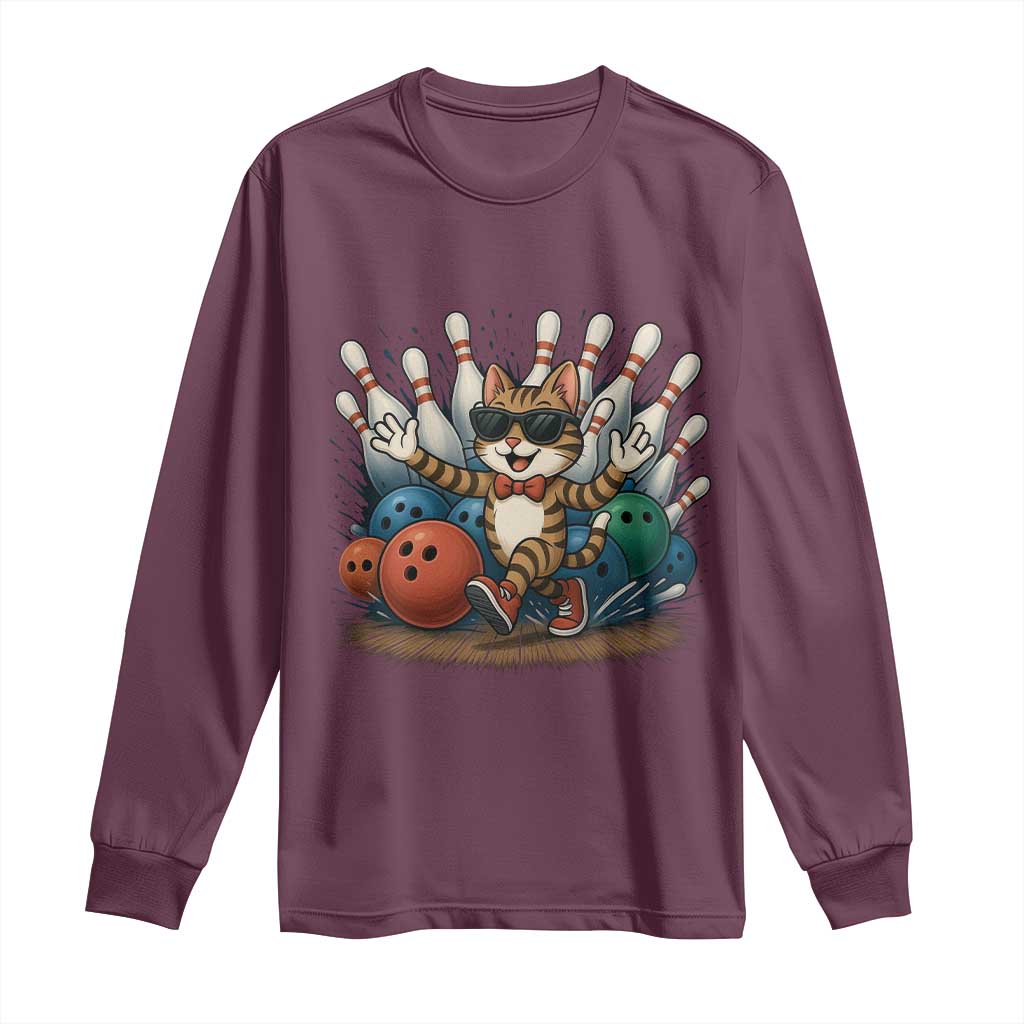 Funny Bowler Gift Long Sleeve Shirt Bowling Cat With Sunglasses - Wonder Print Shop