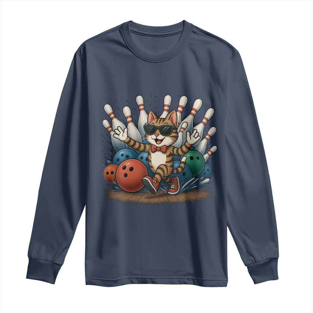 Funny Bowler Gift Long Sleeve Shirt Bowling Cat With Sunglasses - Wonder Print Shop