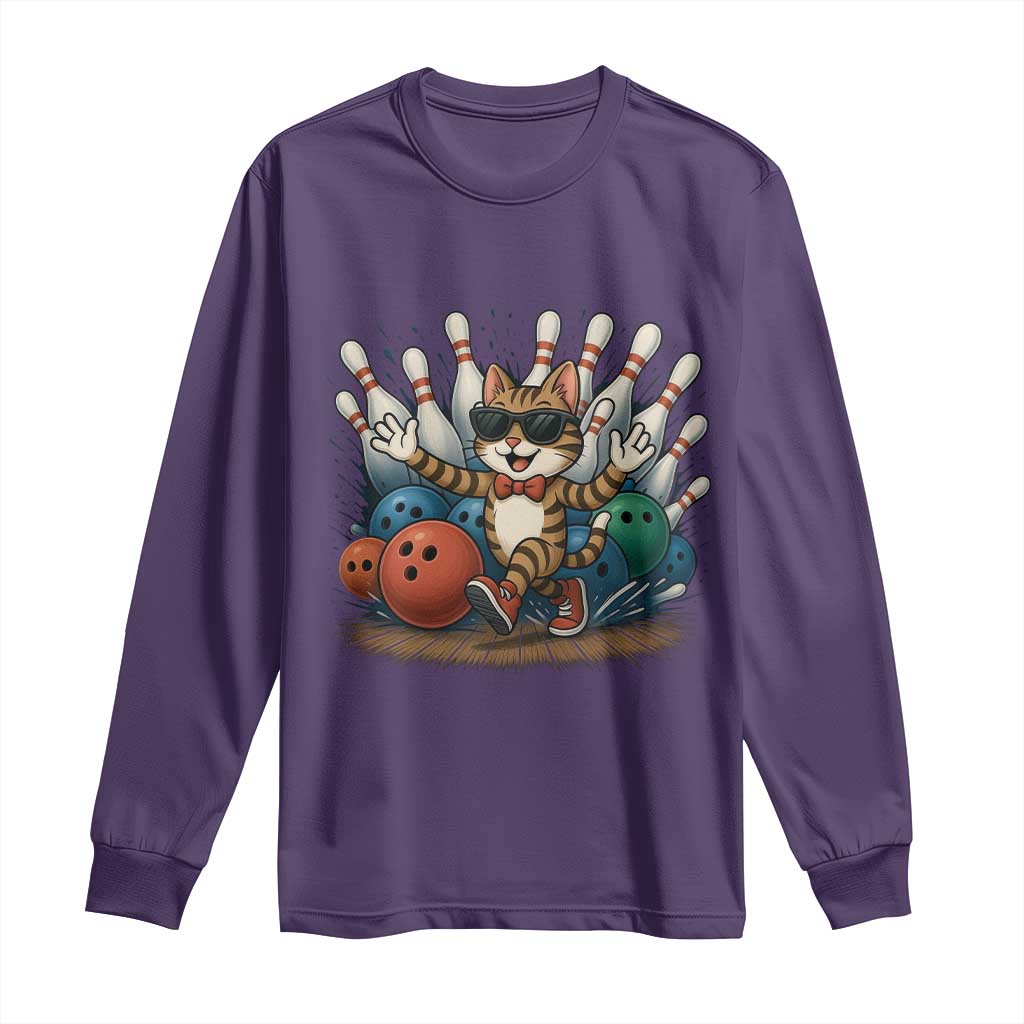 Funny Bowler Gift Long Sleeve Shirt Bowling Cat With Sunglasses - Wonder Print Shop