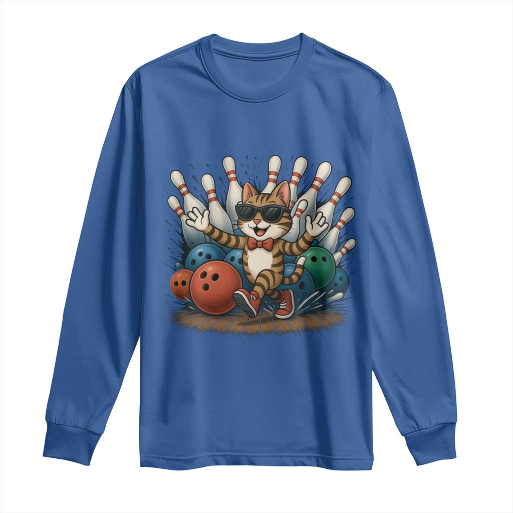 Funny Bowler Gift Long Sleeve Shirt Bowling Cat With Sunglasses - Wonder Print Shop