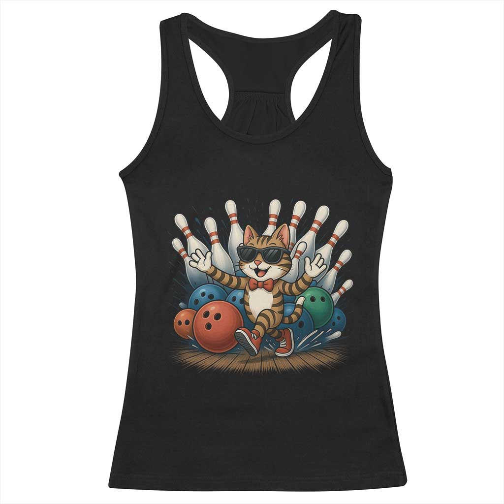 Funny Bowler Gift Racerback Tank Top Bowling Cat With Sunglasses - Wonder Print Shop
