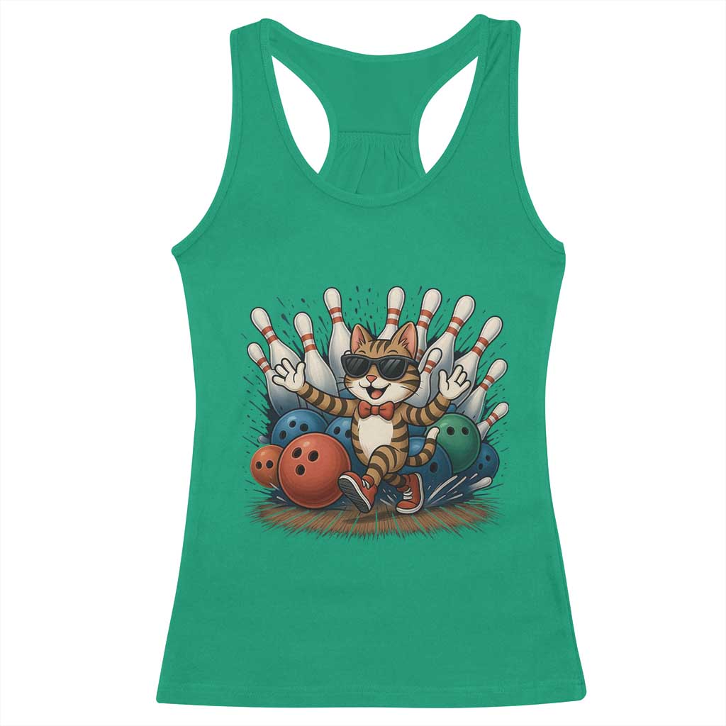 Funny Bowler Gift Racerback Tank Top Bowling Cat With Sunglasses - Wonder Print Shop