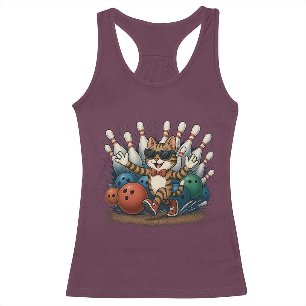 Funny Bowler Gift Racerback Tank Top Bowling Cat With Sunglasses - Wonder Print Shop