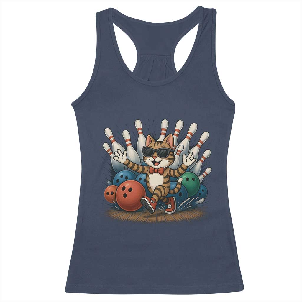 Funny Bowler Gift Racerback Tank Top Bowling Cat With Sunglasses - Wonder Print Shop