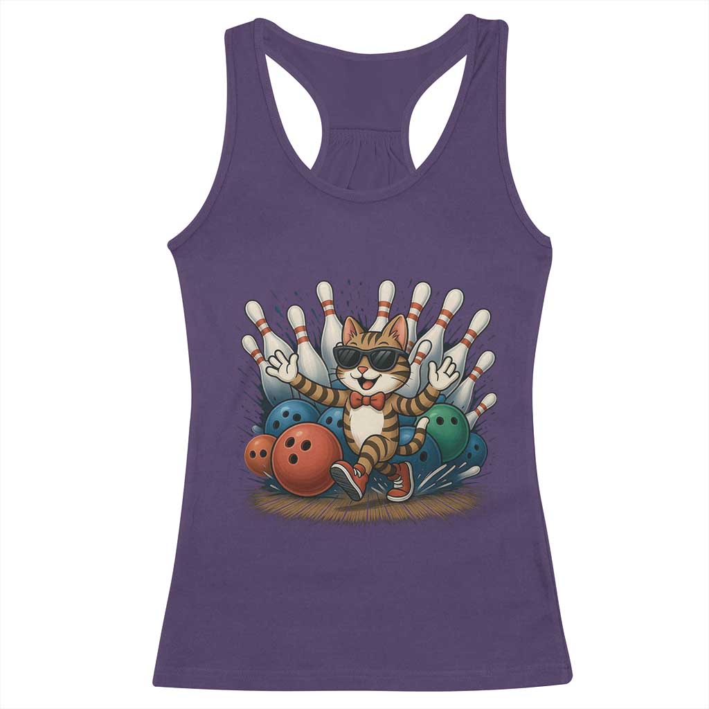 Funny Bowler Gift Racerback Tank Top Bowling Cat With Sunglasses - Wonder Print Shop