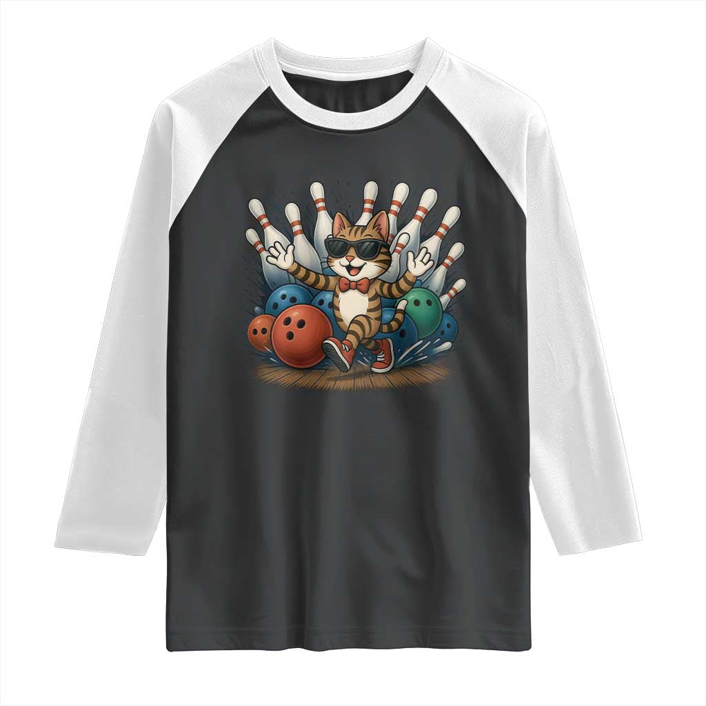 Funny Bowler Gift Raglan Shirt Bowling Cat With Sunglasses - Wonder Print Shop