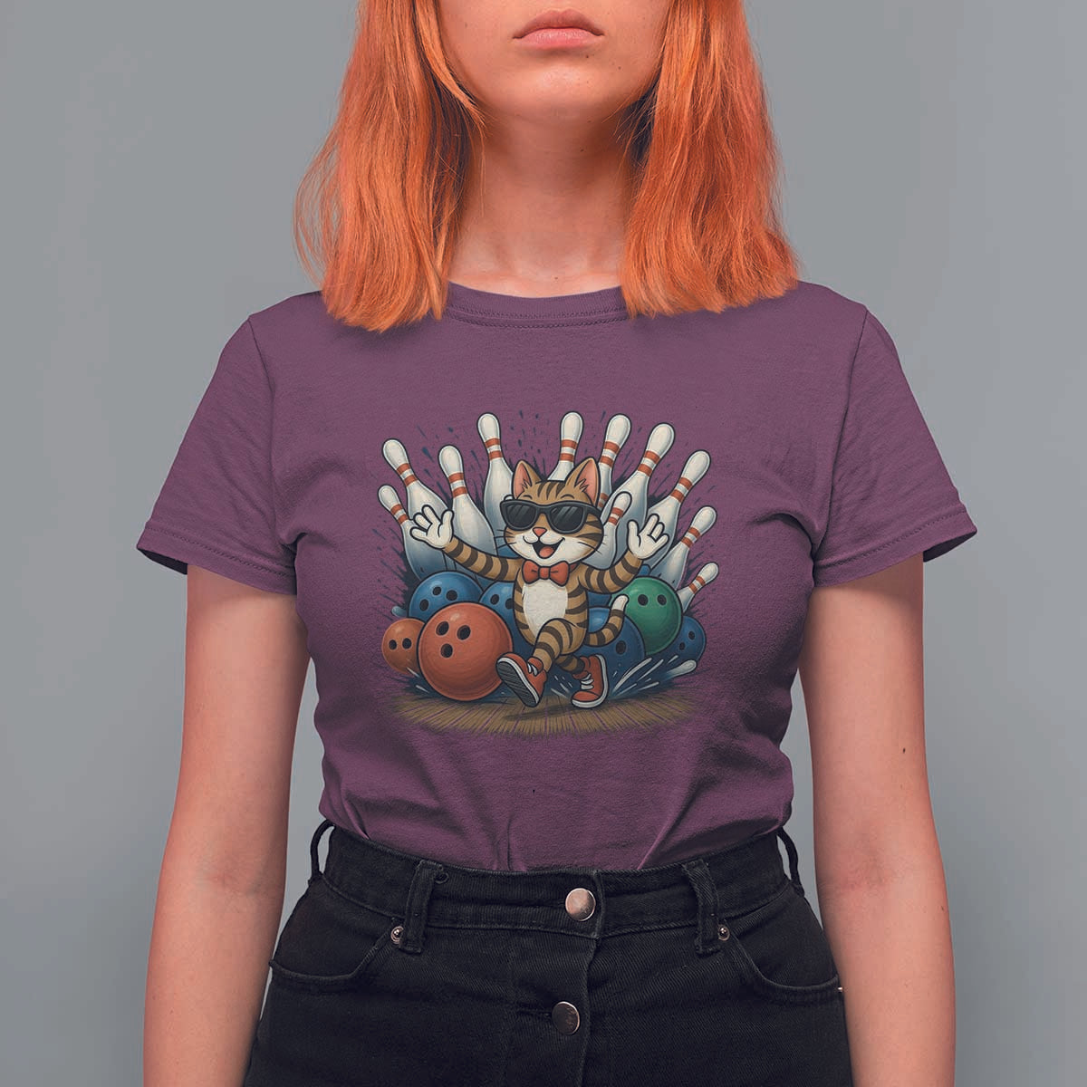 Funny Bowler Gift T Shirt For Women Bowling Cat With Sunglasses - Wonder Print Shop