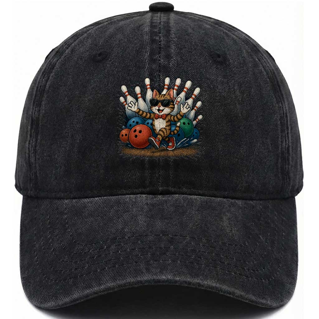 Funny Bowler Gift Washed Cotton Baseball Cap Bowling Cat With Sunglasses