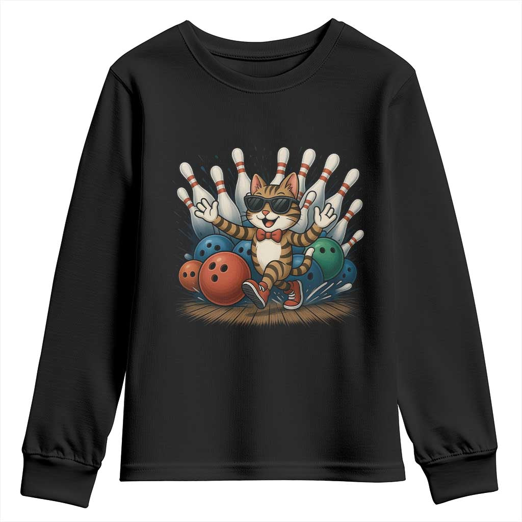 Funny Bowler Gift Youth Sweatshirt Bowling Cat With Sunglasses - Wonder Print Shop