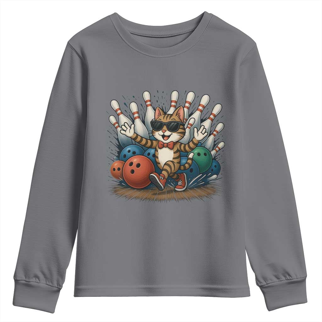 Funny Bowler Gift Youth Sweatshirt Bowling Cat With Sunglasses - Wonder Print Shop