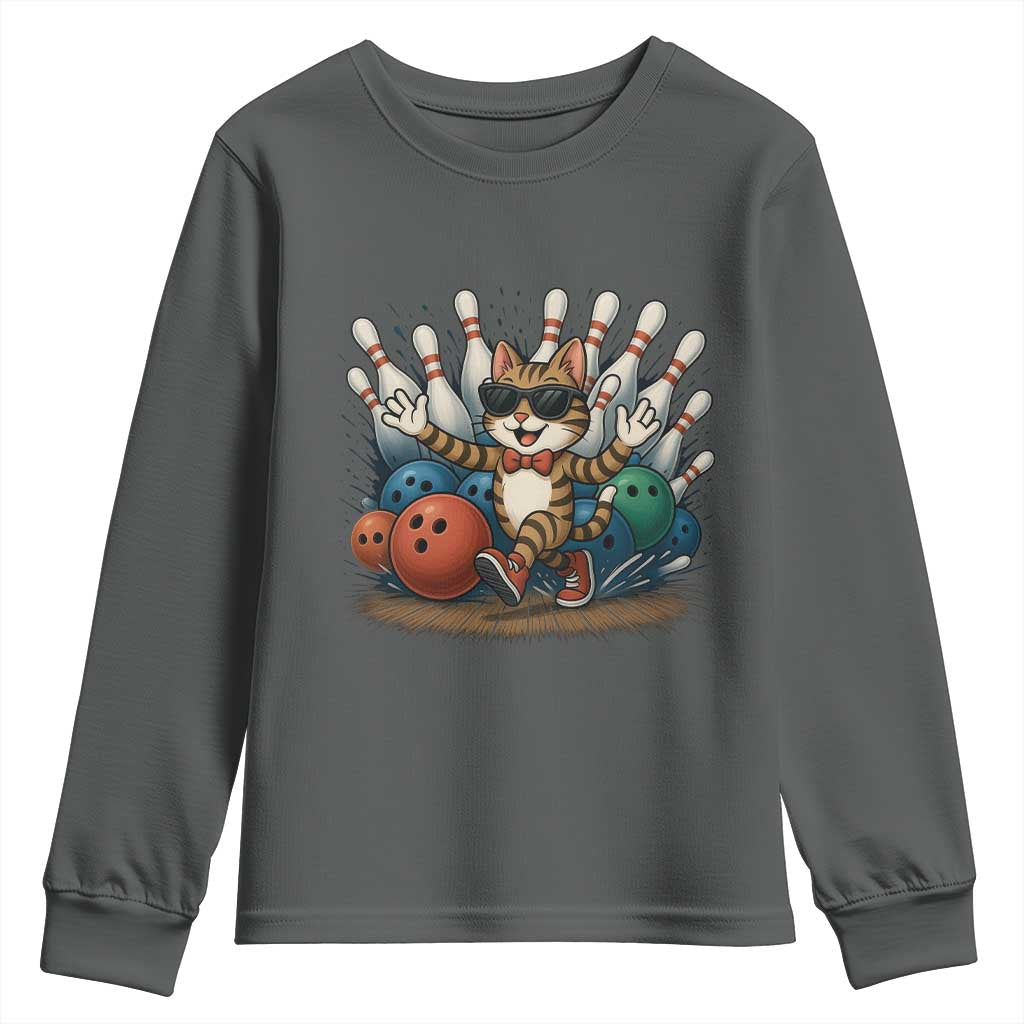Funny Bowler Gift Youth Sweatshirt Bowling Cat With Sunglasses - Wonder Print Shop