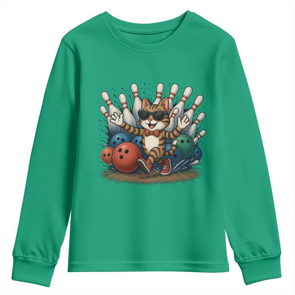 Funny Bowler Gift Youth Sweatshirt Bowling Cat With Sunglasses - Wonder Print Shop