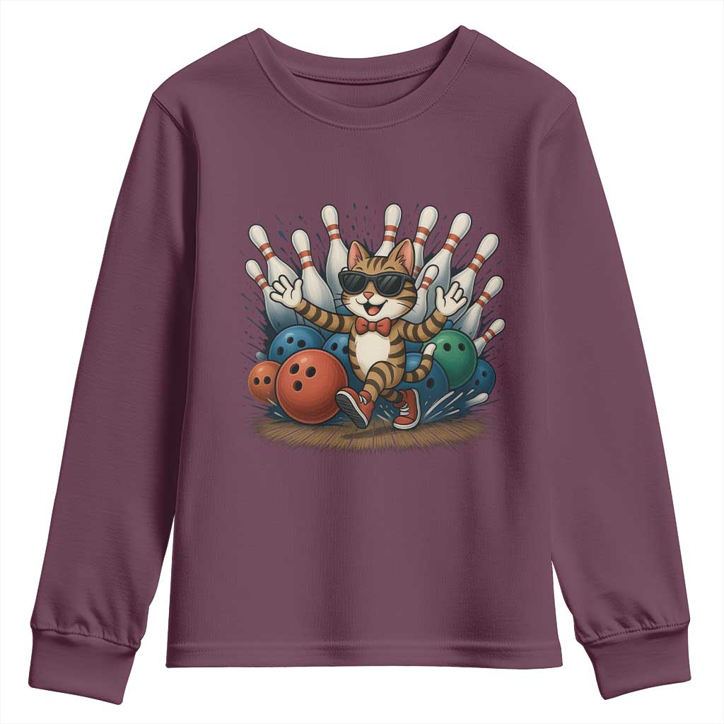 Funny Bowler Gift Youth Sweatshirt Bowling Cat With Sunglasses - Wonder Print Shop