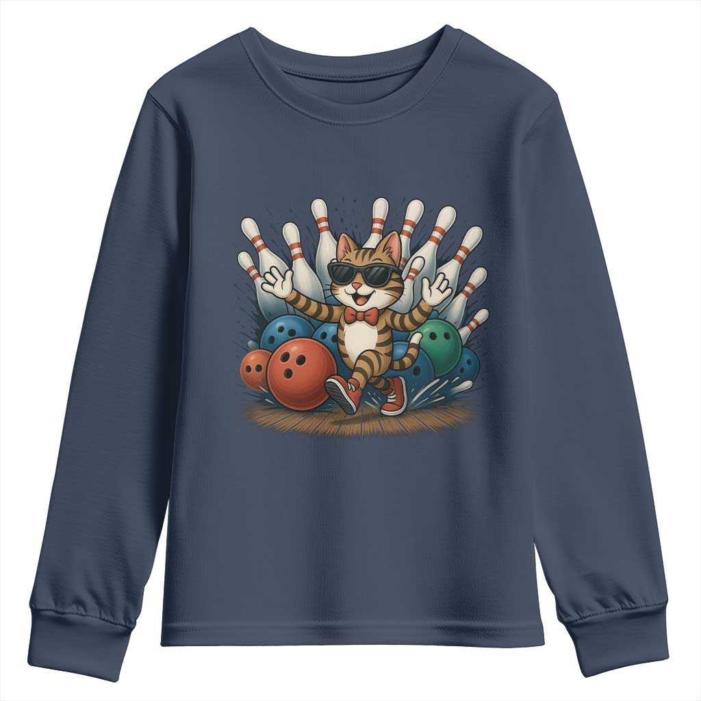 Funny Bowler Gift Youth Sweatshirt Bowling Cat With Sunglasses - Wonder Print Shop