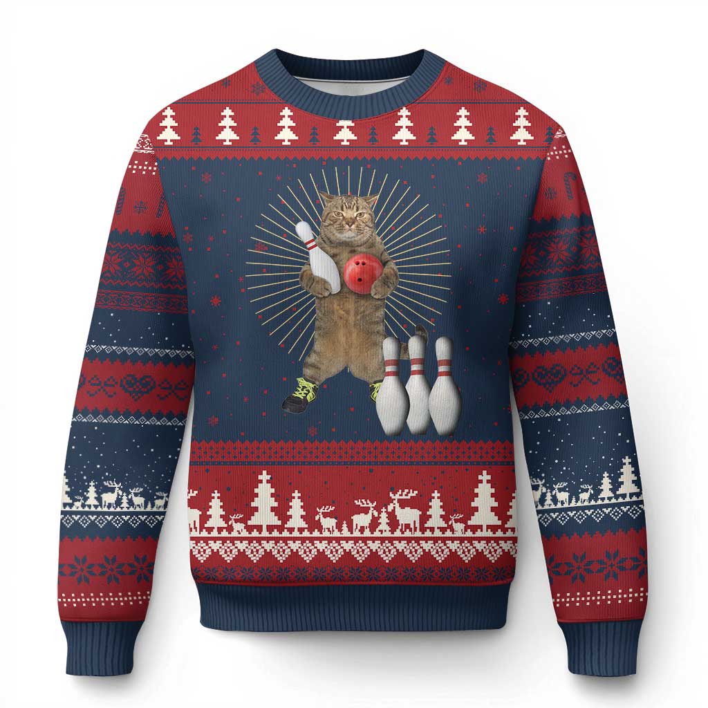 Funny Cat Bowling Meme Ugly Christmas Sweater Gift For Bowlers - Wonder Print Shop
