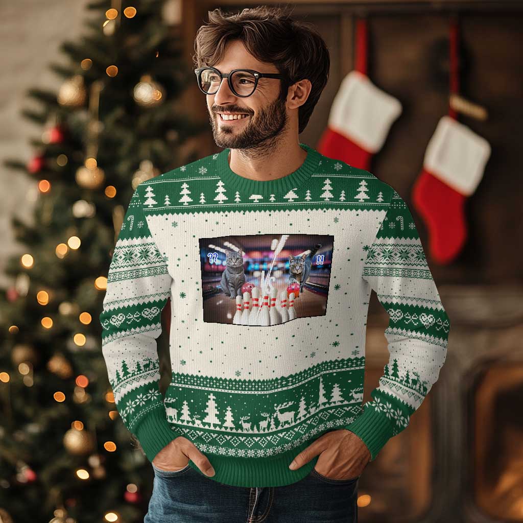 Funny Cats Bowling Battle Ugly Christmas Sweater Gift For Cat Lovers - Wonder Print Shop