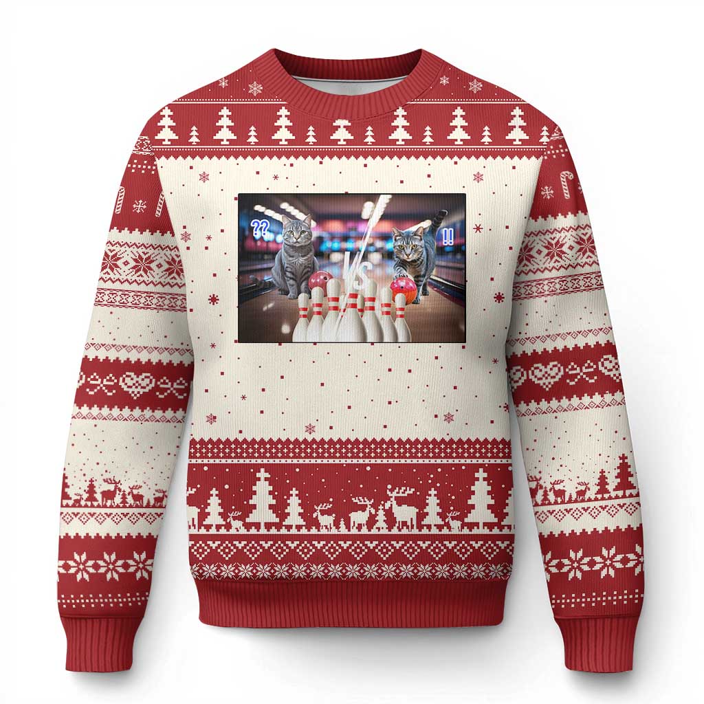 Funny Cats Bowling Battle Ugly Christmas Sweater Gift For Cat Lovers - Wonder Print Shop