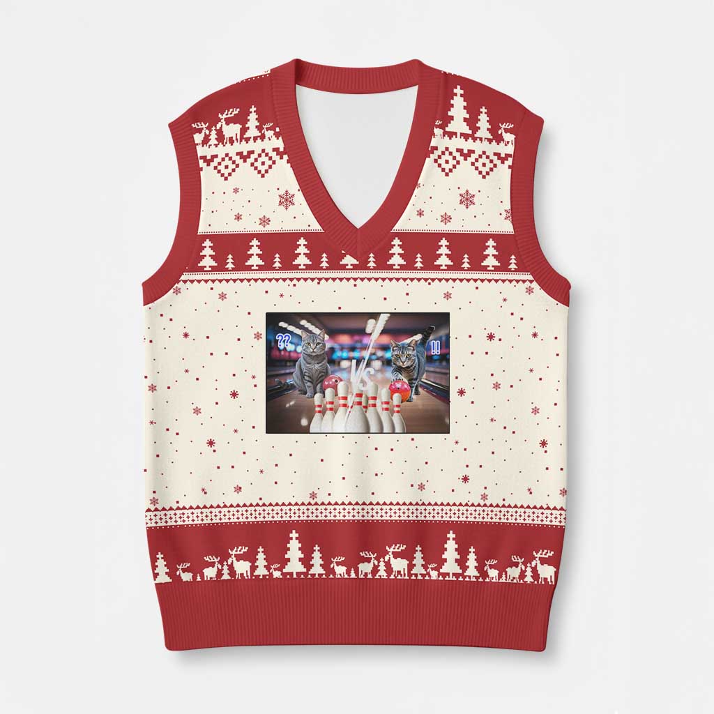 Funny Cats Bowling Battle V-Neck Knit Sweater Vest Gift For Cat Lovers - Wonder Print Shop