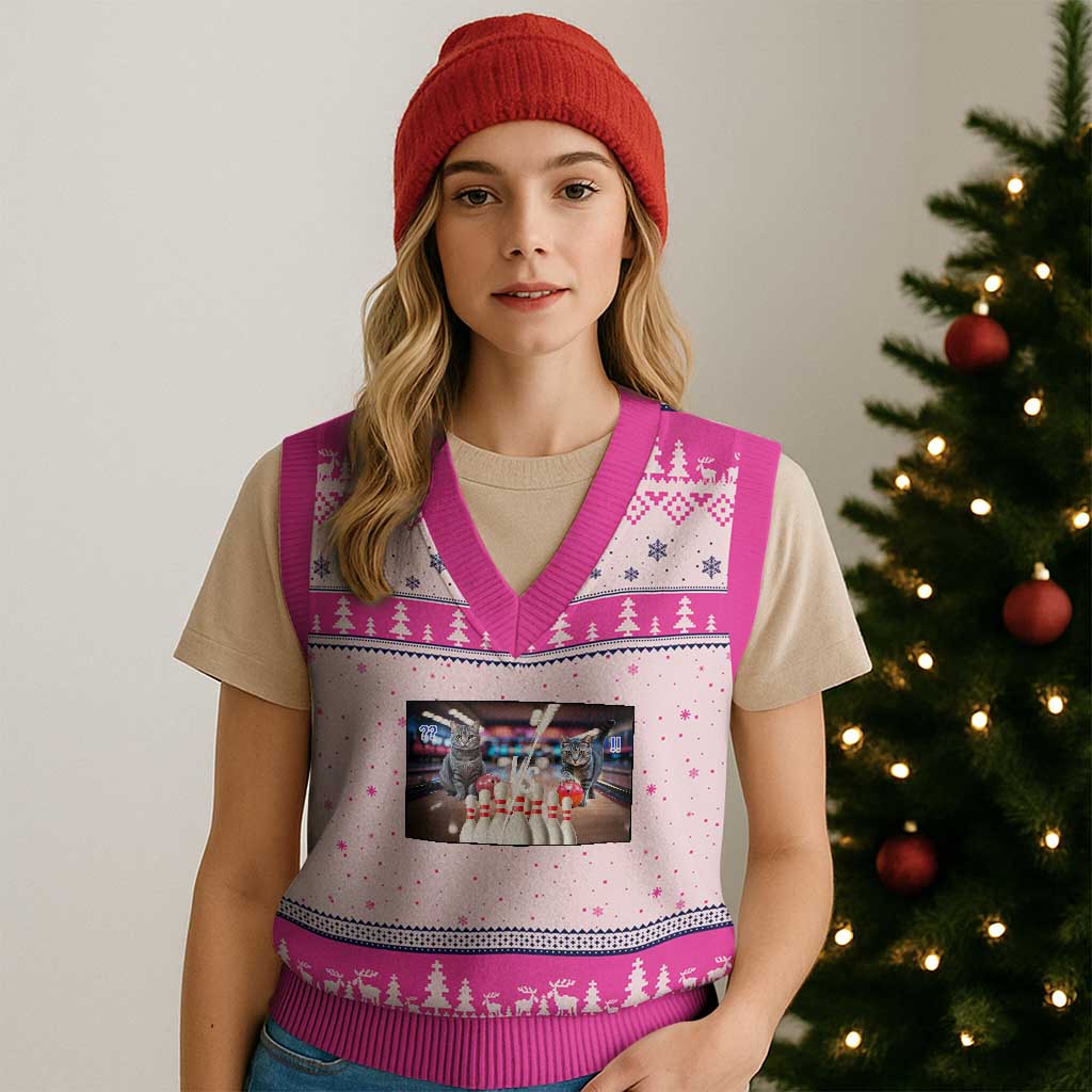 Funny Cats Bowling Battle V-Neck Knit Sweater Vest Gift For Cat Lovers - Wonder Print Shop