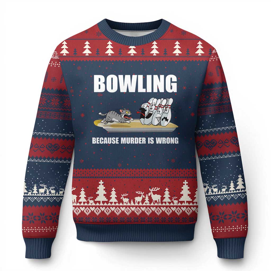 Funny Cat Ugly Christmas Sweater Bowling Because Murder Is Wrong Gift - Wonder Print Shop