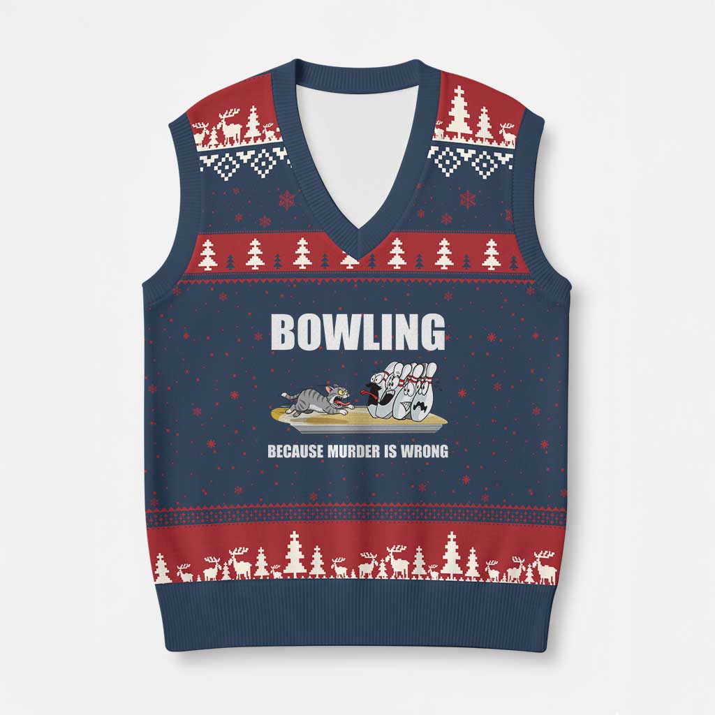 Funny Cat V-Neck Knit Sweater Vest Bowling Because Murder Is Wrong Gift - Wonder Print Shop