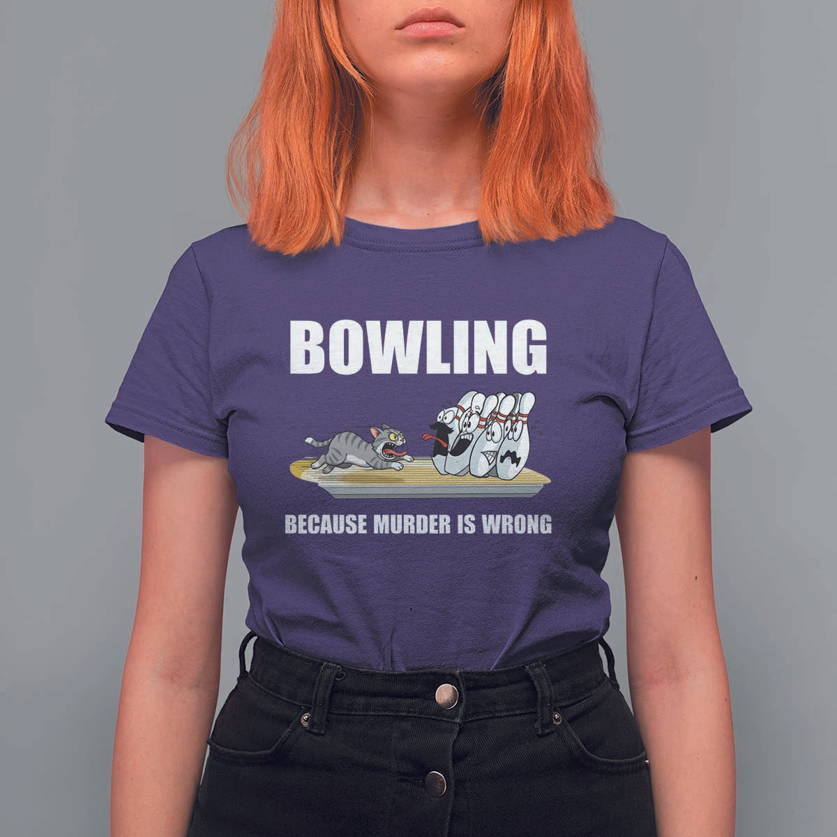 Funny Cat T Shirt For Women Bowling Because Murder Is Wrong Gift - Wonder Print Shop