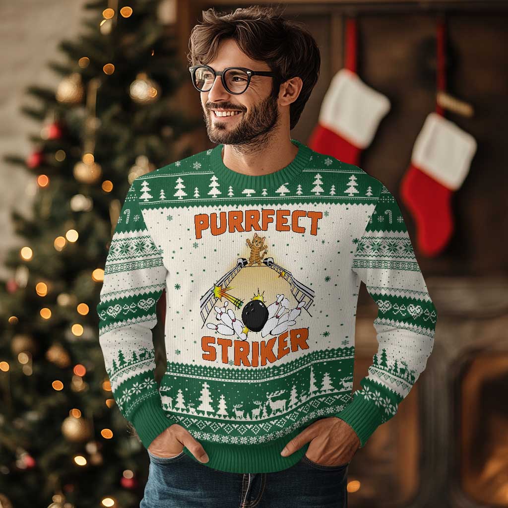 Funny Cat Bowling Gift Ugly Christmas Sweater Purrfect Striker - Wonder Print Shop