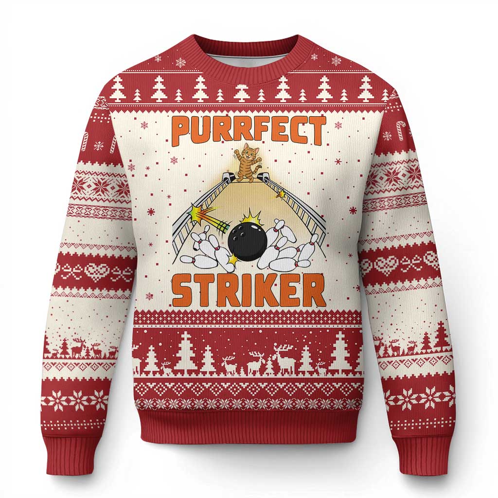 Funny Cat Bowling Gift Ugly Christmas Sweater Purrfect Striker - Wonder Print Shop