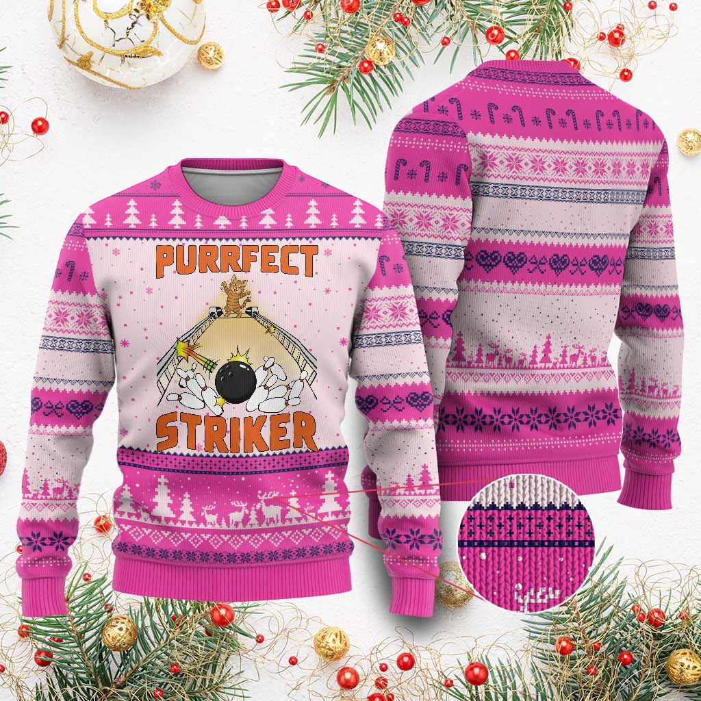 Funny Cat Bowling Gift Ugly Christmas Sweater Purrfect Striker - Wonder Print Shop