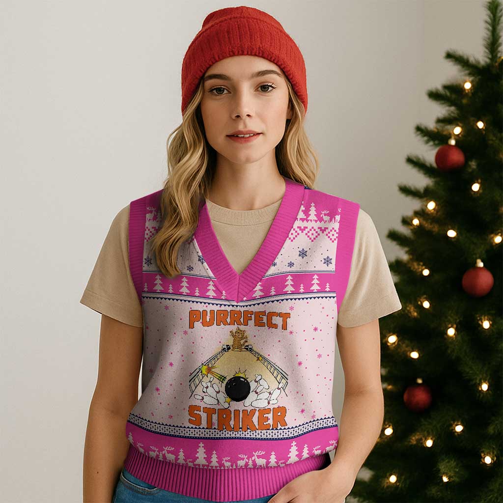 Funny Cat Bowling Gift V-Neck Knit Sweater Vest Purrfect Striker - Wonder Print Shop