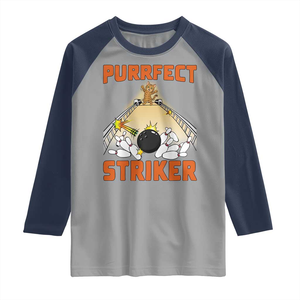 Funny Cat Bowling Gift Raglan Shirt Purrfect Striker - Wonder Print Shop