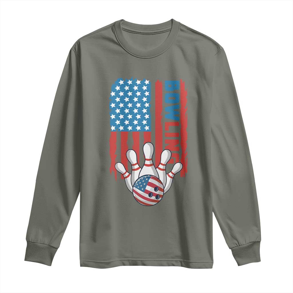 American Flag Patriotic Bowling Long Sleeve Shirt Bowler Gift - Wonder Print Shop
