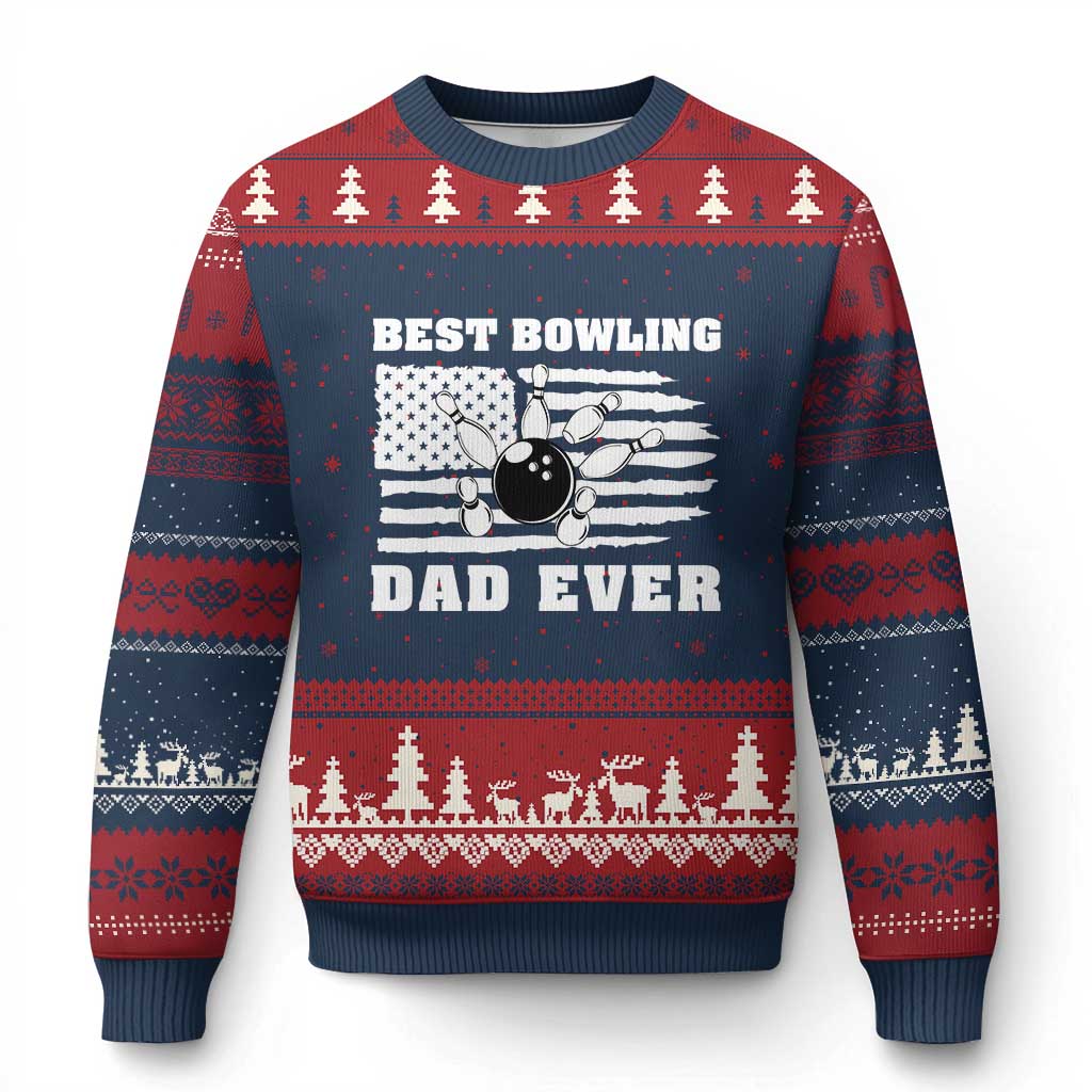 Best Bowling Dad Ever Ugly Christmas Sweater American Flag Patriotic Bowler Gift - Wonder Print Shop