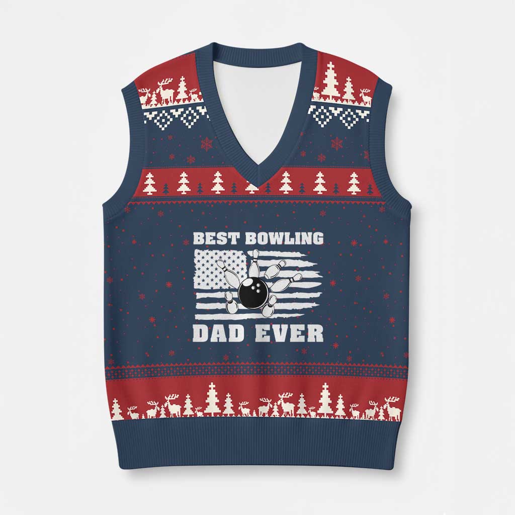 Best Bowling Dad Ever V-Neck Knit Sweater Vest American Flag Patriotic Bowler Gift - Wonder Print Shop