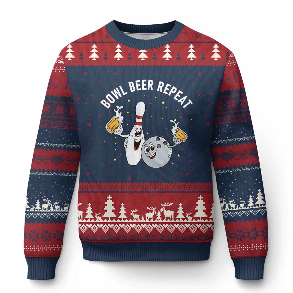 Funny Bowling Beer Lover Gift Ugly Christmas Sweater Bowl Beer Repeat - Wonder Print Shop