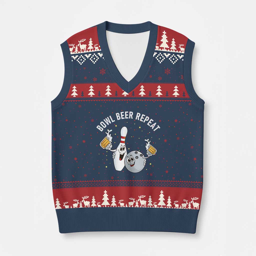 Funny Bowling Beer Lover Gift V-Neck Knit Sweater Vest Bowl Beer Repeat - Wonder Print Shop