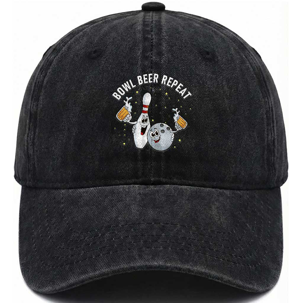 Funny Bowling Beer Lover Gift Washed Cotton Baseball Cap Bowl Beer Repeat