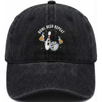 Funny Bowling Beer Lover Gift Washed Cotton Baseball Cap Bowl Beer Repeat