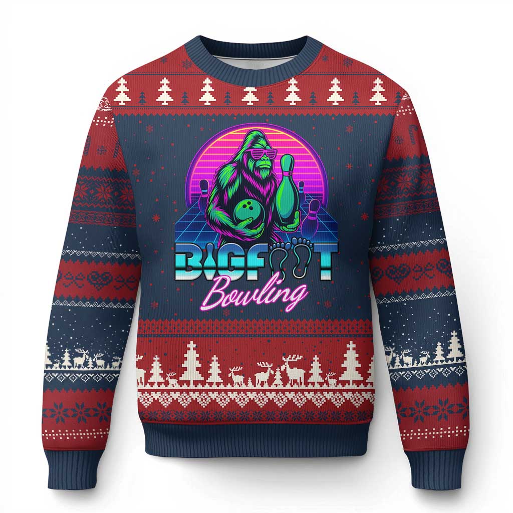 Funny Bigfoot Bowling Vaporwave Gift Ugly Christmas Sweater - Wonder Print Shop