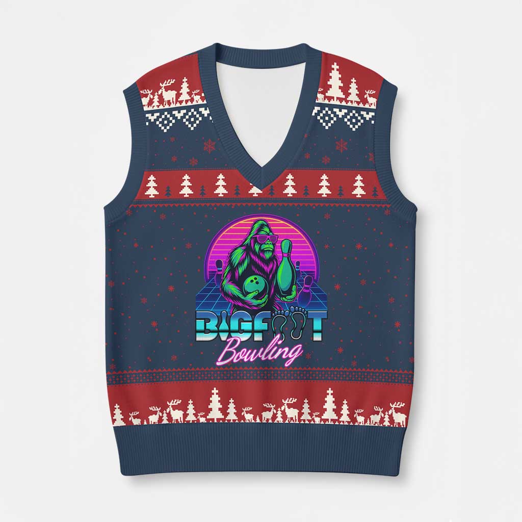 Funny Bigfoot Bowling Vaporwave Gift V-Neck Knit Sweater Vest - Wonder Print Shop